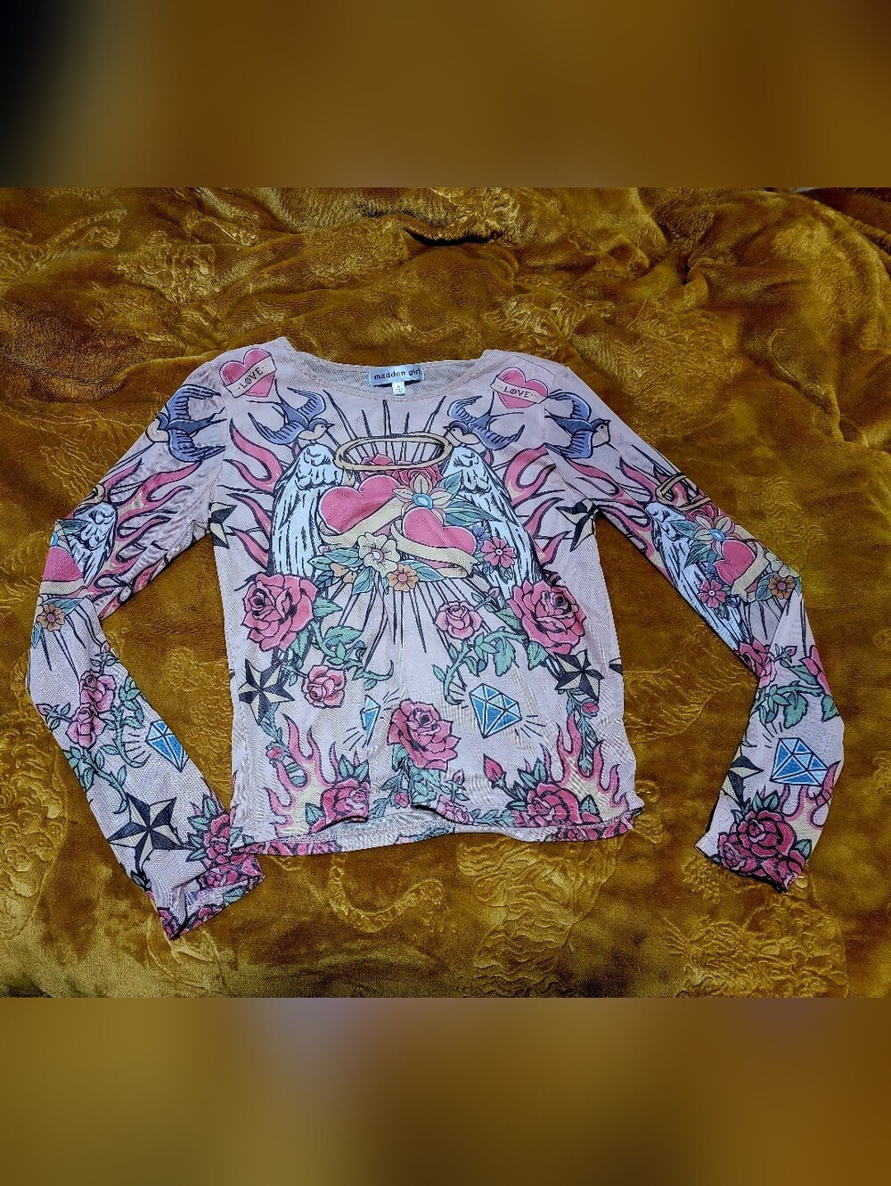 Sheer Top Juniors Tattoo Long Sleeve Sz Large New